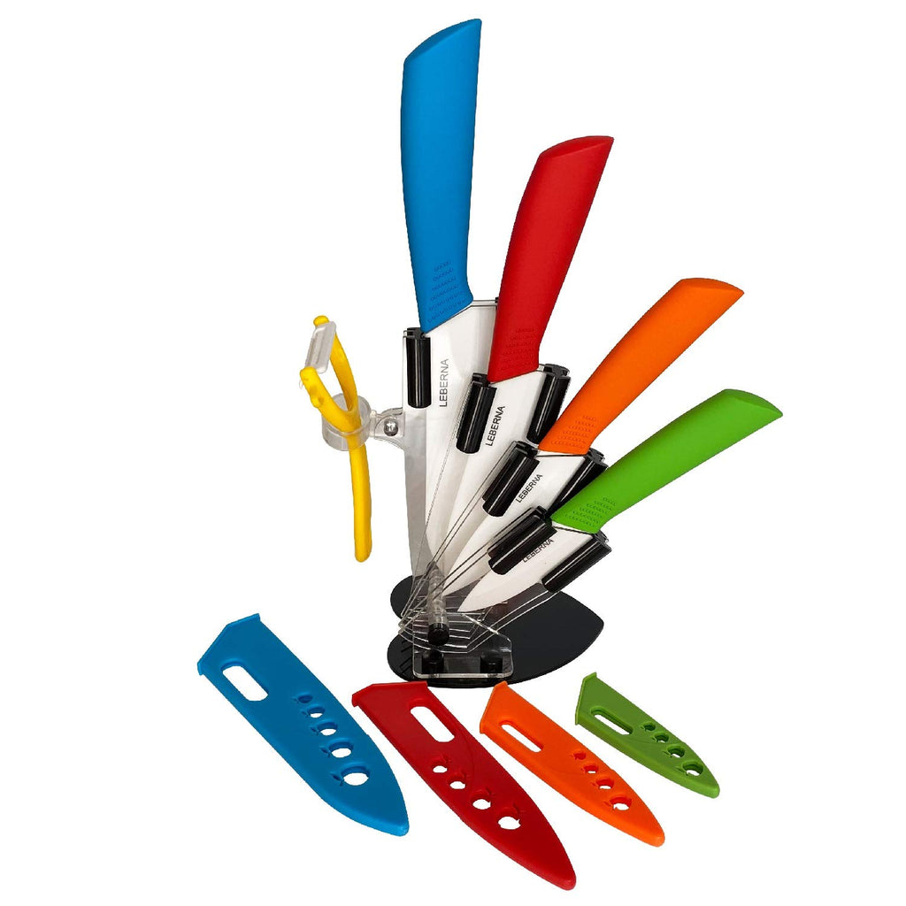 Leberna Ceramic Knife Set with Sleeve Sheath Cover and Acrylic Block Stand 5 Pieces
